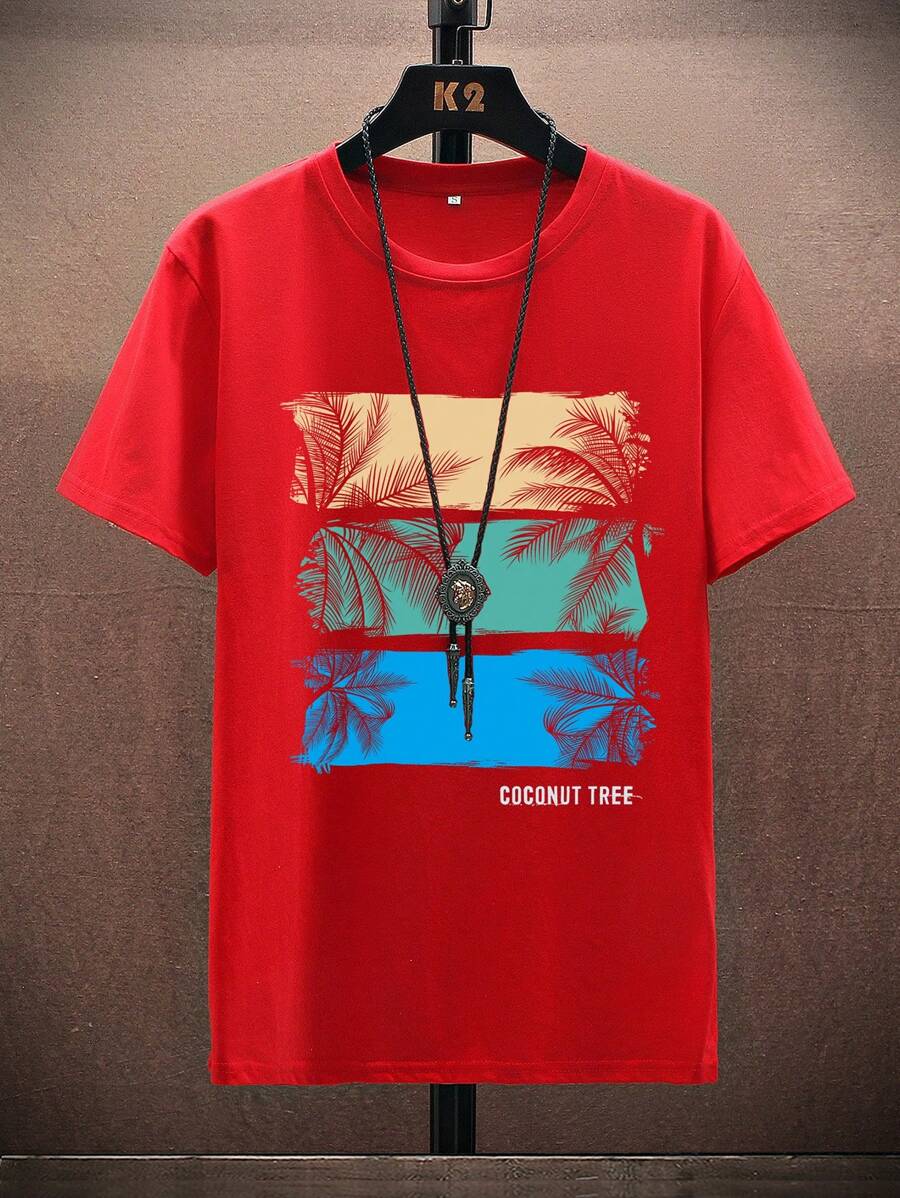 Manfinity RSRT 男士熱帶印花和字母圖案T恤 - 紅色 - 查看 1