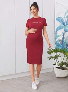 SHEIN Maternidad Vestido ajustado tejido de canalé con estampado de letra - Burdeos - Ver 1