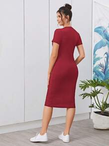 SHEIN Maternidad Vestido ajustado tejido de canalé con estampado de letra - Burdeos - Ver 2