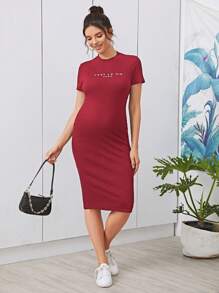 SHEIN Maternidad Vestido ajustado tejido de canalé con estampado de letra - Burdeos - Ver 5