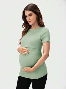 SHEIN Maternity Solid Nursing Tee - Mint Green - View 1