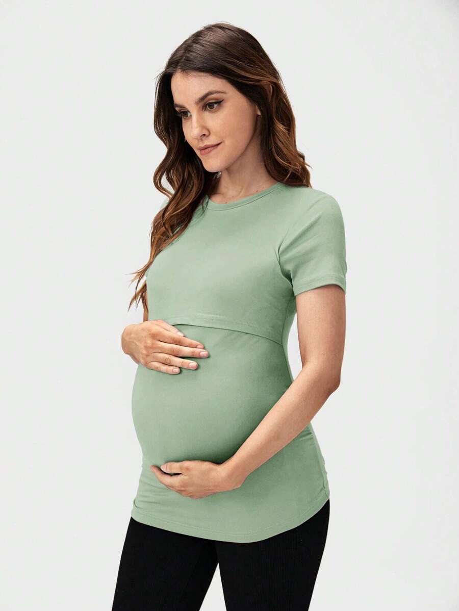 SHEIN Maternity Solid Nursing Tee - Mint Green - View 1