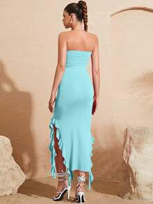 Ruffle Trim Asymmetrical Hem Tube Dress - Blue - View 2