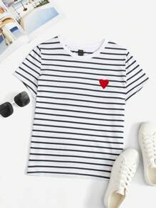 SHEIN EZwear Striped & Heart Print Tee - White - View 1