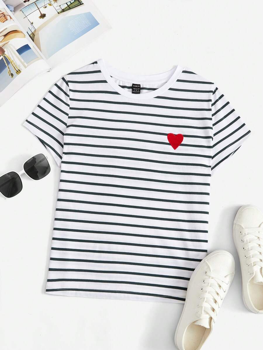 SHEIN EZwear Striped & Heart Print Tee - White - View 1