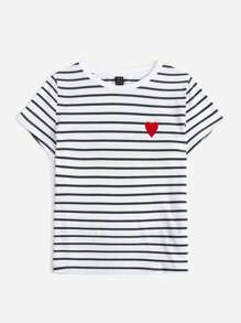 SHEIN EZwear Striped & Heart Print Tee - White - View 3