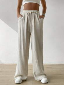 SHEIN EZwear Quần ống rộng vải lanh cạp cao màu be trơn mùa hè cho nữ - Màu be - Xem 1