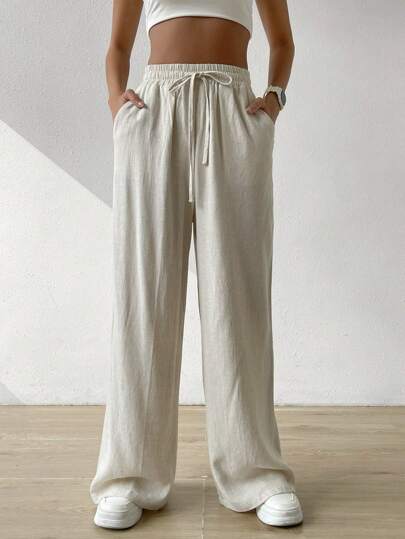 SHEIN EZwear 女式夏季纯色米色高腰抽绳亚麻阔腿裤