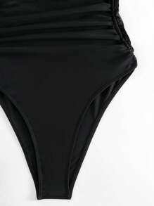 SHEIN Swim Summer Beach Drawstring Ruched Tie Front One Piece Swimsuit - Black - View 4