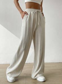 SHEIN EZwear Quần ống rộng vải lanh cạp cao màu be trơn mùa hè cho nữ - Màu be - Xem 3