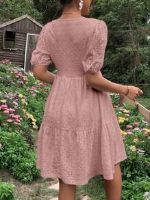 SHEIN 孕婦方領泡泡袖荷葉邊網眼刺繡洋裝 - 藕粉色 - 查看 2