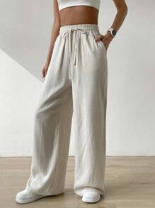 SHEIN EZwear Quần ống rộng vải lanh cạp cao màu be trơn mùa hè cho nữ - Màu be - Xem 5