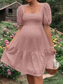 SHEIN 孕婦方領泡泡袖荷葉邊網眼刺繡洋裝 - 藕粉色 - 查看 4