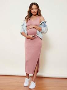 SHEIN Maternity Split Thigh Cable Knit Dress - Dusty Pink - View 1