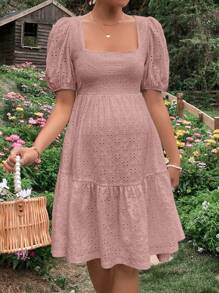 SHEIN 孕婦方領泡泡袖荷葉邊網眼刺繡洋裝 - 藕粉色 - 查看 6