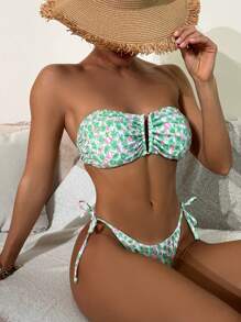 Ditsy Floral Print Ring Linked Bandeau Bikini Set - White - View 3