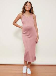 SHEIN Maternity Split Thigh Cable Knit Dress - Dusty Pink - View 6