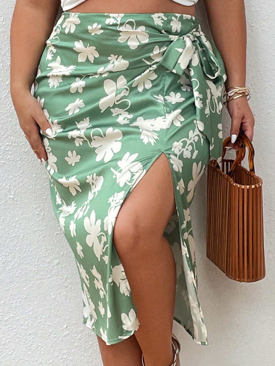 SHEIN VCAY 大碼印花側打結高衩半身裙 - 彩色 - 查看 1