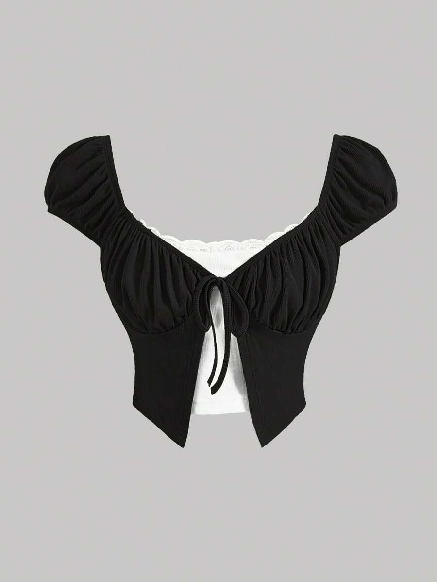 SHEIN MOD Áo thun nữ Tương phản ren Thắt nơ trước Nếp gấp Phần Ngực Khối Màu Giải trí - màu đen - Xem 1
