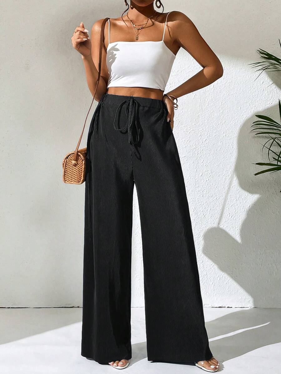 SHEIN VCAY Tie Waist Wide Leg Trousers - Black - View 1