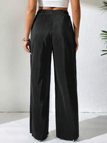 SHEIN VCAY Tie Waist Wide Leg Trousers - Black - View 2