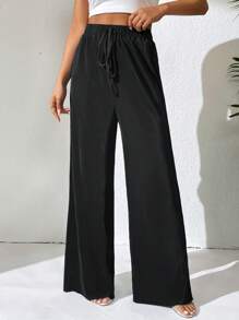 SHEIN VCAY Tie Waist Wide Leg Trousers - Black - View 3
