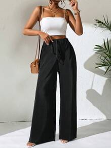 SHEIN VCAY Tie Waist Wide Leg Trousers - Black - View 5