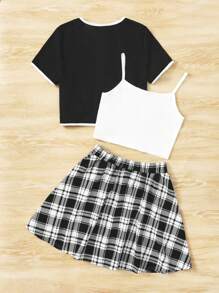 SHEIN Bộ hai mảnh Gái Tương phản ràng buộc Nút phía trước Sọc ca rô Giải trí - Đen và trắng - Xem 2