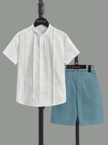 SHEIN Bộ hai mảnh Trai Túi Nút phía trước Khối Màu Giải trí - Màu xanh Cadet - Xem 1