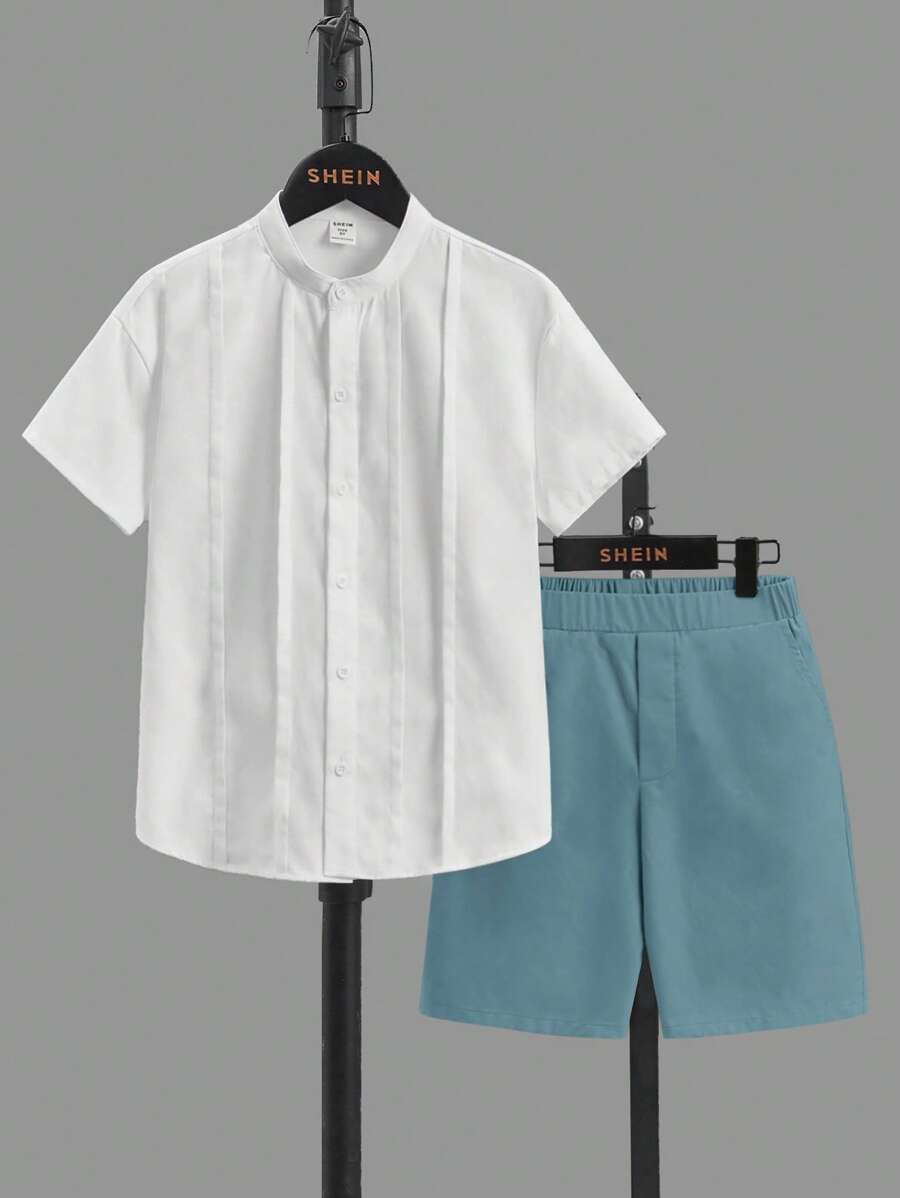 SHEIN Bộ hai mảnh Trai Túi Nút phía trước Khối Màu Giải trí - Màu xanh Cadet - Xem 1