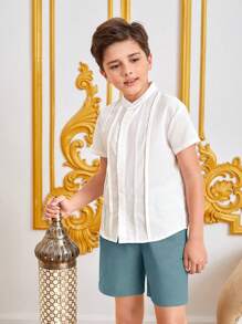 SHEIN Bộ hai mảnh Trai Túi Nút phía trước Khối Màu Giải trí - Màu xanh Cadet - Xem 3