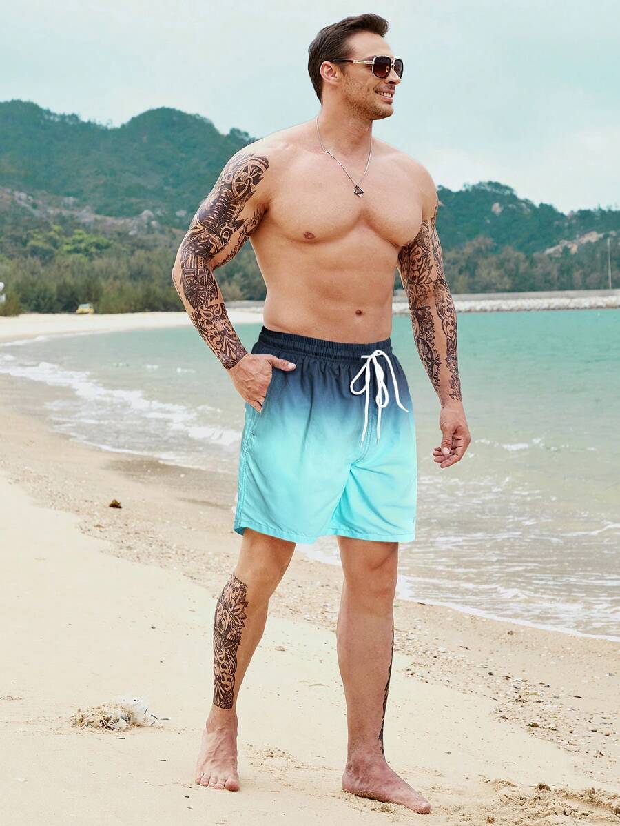 Manfinity Men Plus Ombre Drawstring Waist Swim Trunks - Blue - View 1