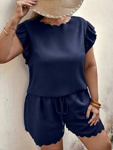 SHEIN LUNE Shorts con blusa ribete en abanico - Azul Marino - Ver 3