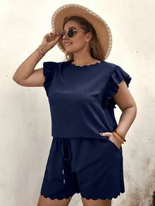 SHEIN LUNE Shorts con blusa ribete en abanico - Azul Marino - Ver 4