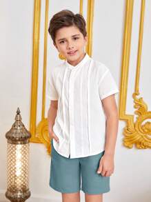 SHEIN Bộ hai mảnh Trai Túi Nút phía trước Khối Màu Giải trí - Màu xanh Cadet - Xem 8