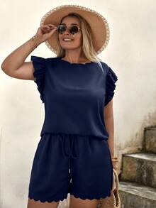 SHEIN LUNE Shorts con blusa ribete en abanico - Azul Marino - Ver 6