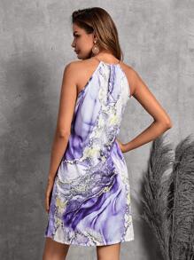SHEIN Clasi 大理石圖案前鏤空掛脖連衣裙 - 紫色 - 查看 2