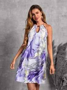 SHEIN Clasi 大理石圖案前鏤空掛脖連衣裙 - 紫色 - 查看 3