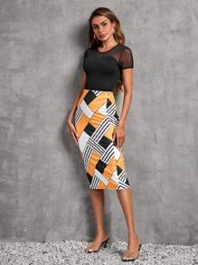 SHEIN Clasi Bộ đồ hai mảnh nữ Tương phản Mesh Chia Hình học Thanh lịch - Nhiều màu - Xem 3