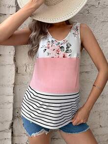 SHEIN 孕婦條紋圖案和印花背心上衣 - 彩色 - 查看 4