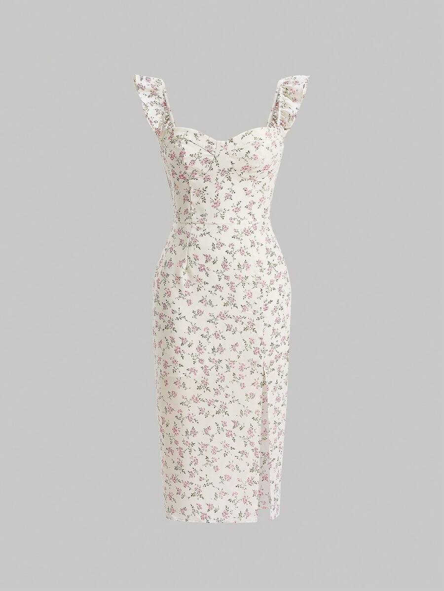 SHEIN MOD Đầm Xù Dây kéo Tách cao Họa tiết hoa Boho - Màu be - Xem 1