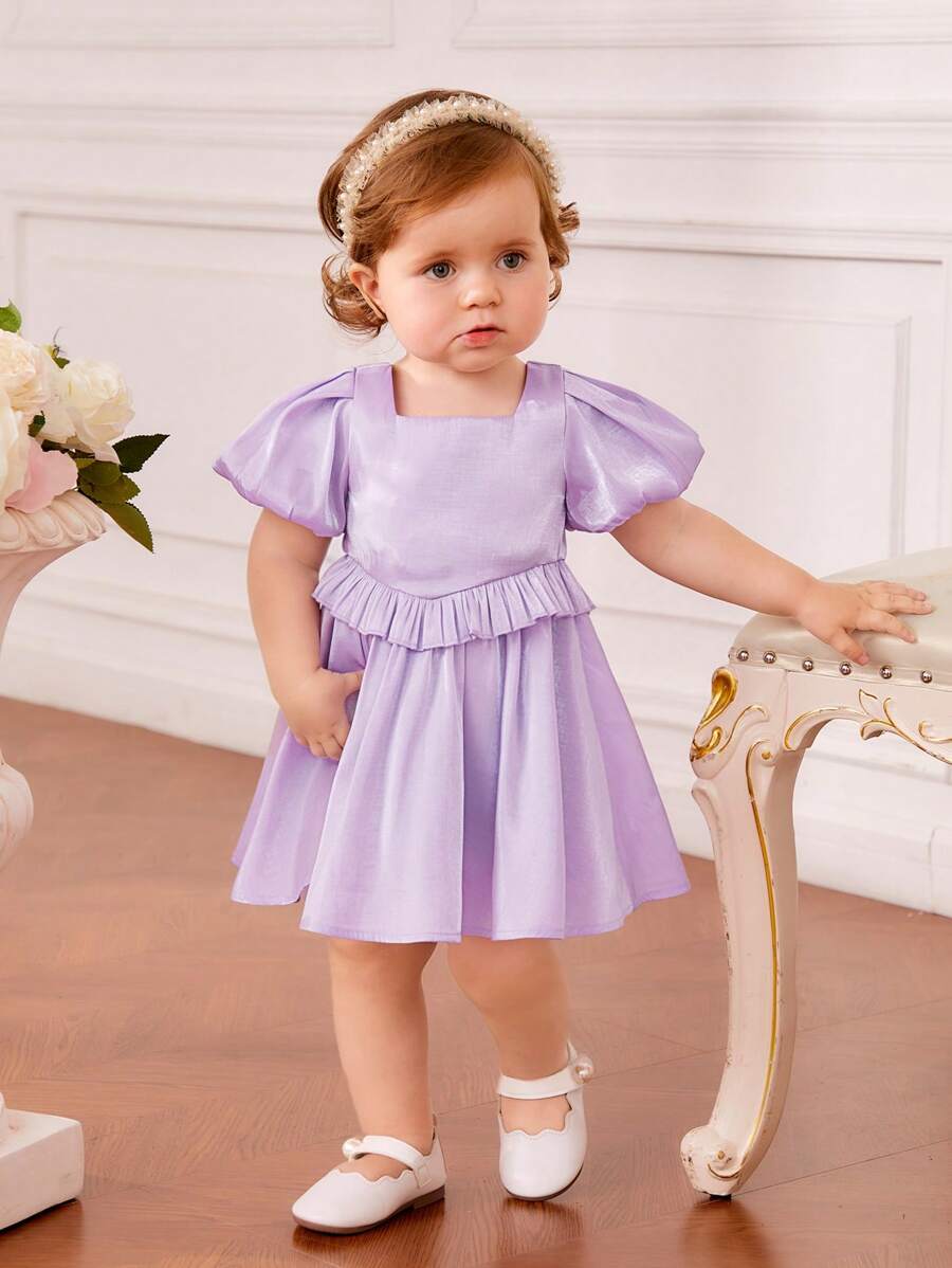SHEIN 嬰兒荷葉邊泡泡袖連衣裙 - 紫丁香色 - 查看 1