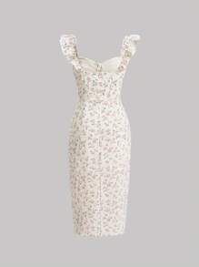 SHEIN MOD Đầm Xù Dây kéo Tách cao Họa tiết hoa Boho - Màu be - Xem 2