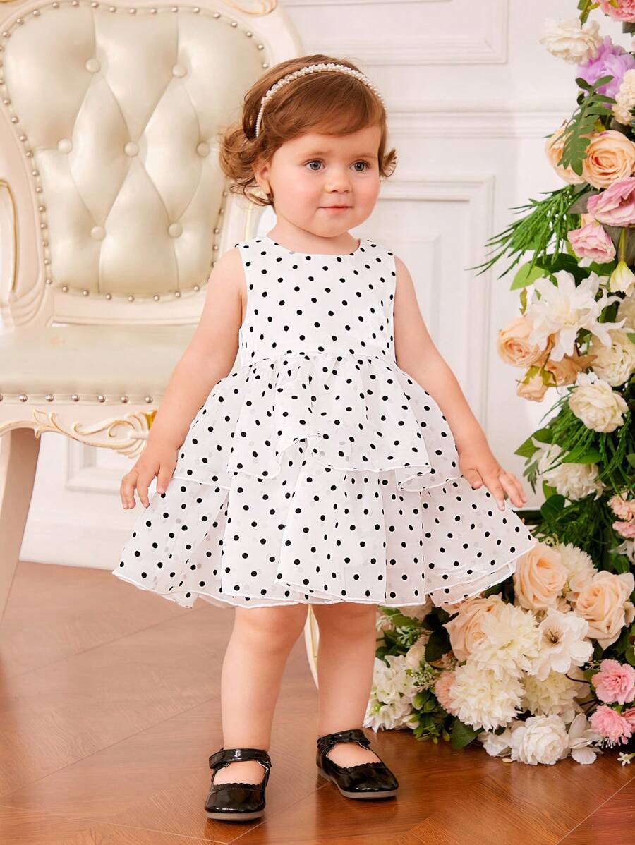 SHEIN Đầm em bé Dây kéo Nơ bướm lớn Chấm bi - trắng - Xem 1