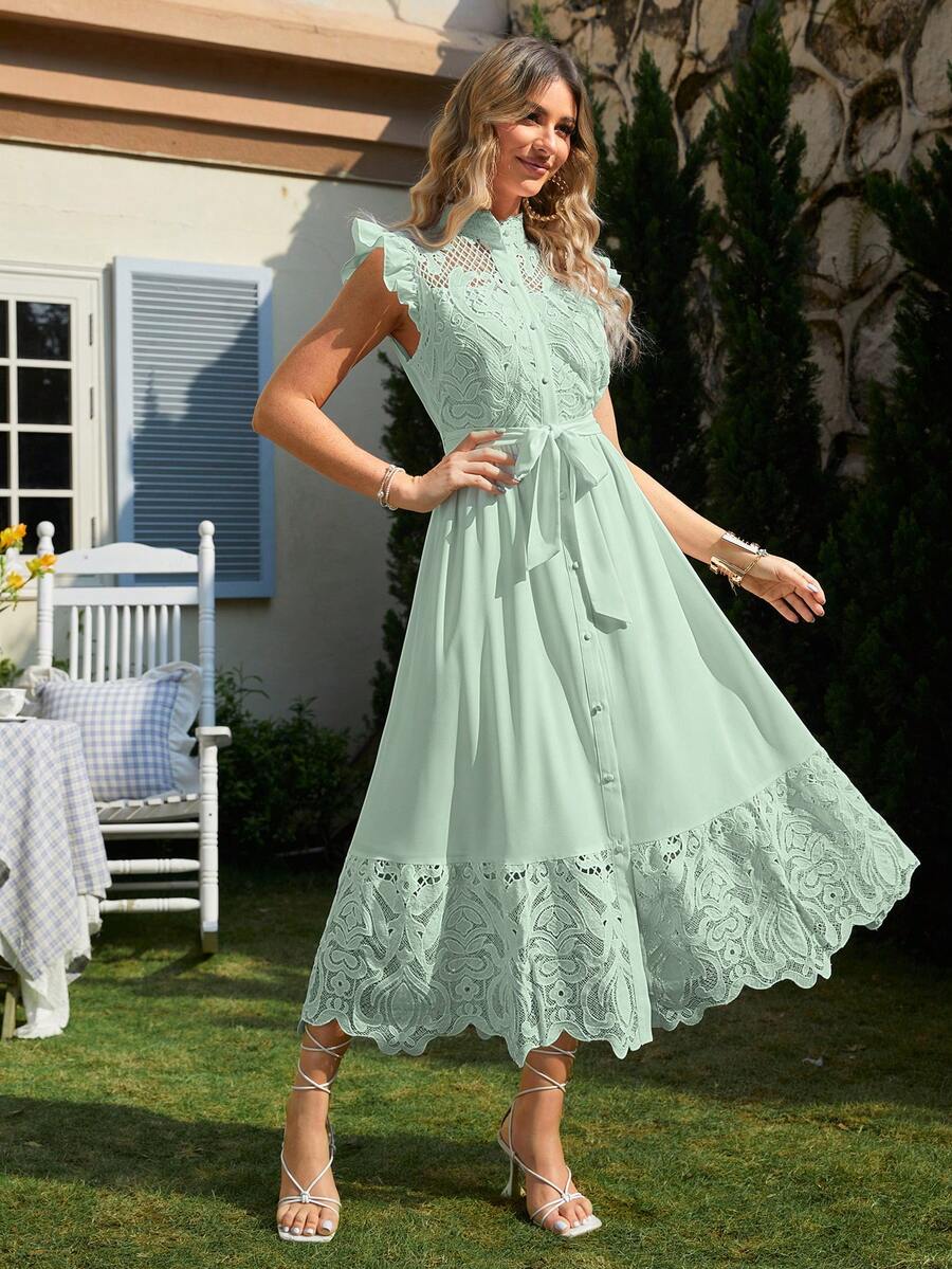 Simplee Contrast Lace Ruffle Hem Belted Dress - Mint Green - View 1