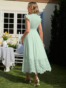 Simplee Contrast Lace Ruffle Hem Belted Dress - Mint Green - View 2