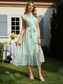 Simplee Contrast Lace Ruffle Hem Belted Dress - Mint Green - View 3