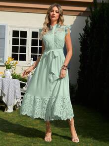 Simplee Contrast Lace Ruffle Hem Belted Dress - Mint Green - View 5