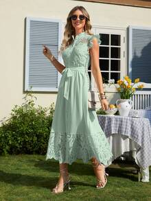 Simplee Contrast Lace Ruffle Hem Belted Dress - Mint Green - View 6