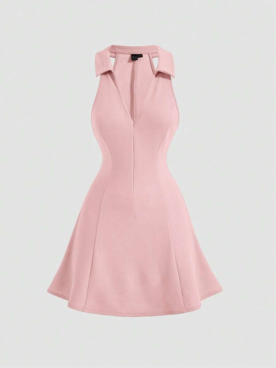 SHEIN MOD 素色V領無袖連衣裙 - 藕粉色 - 查看 1